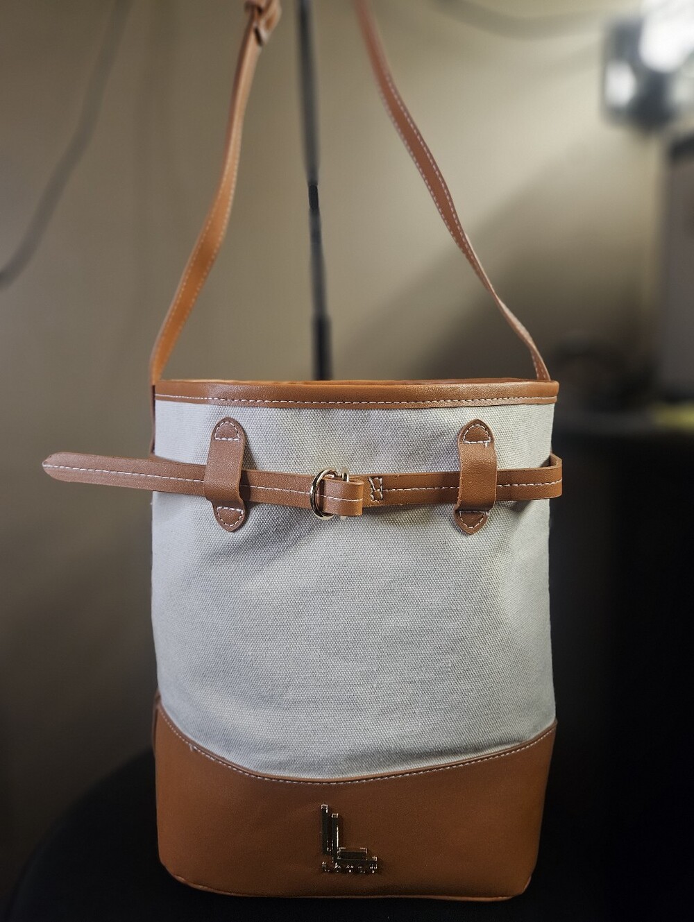 Loulu Canvas Crossbody Bucket Bag with Tan Leather Trim